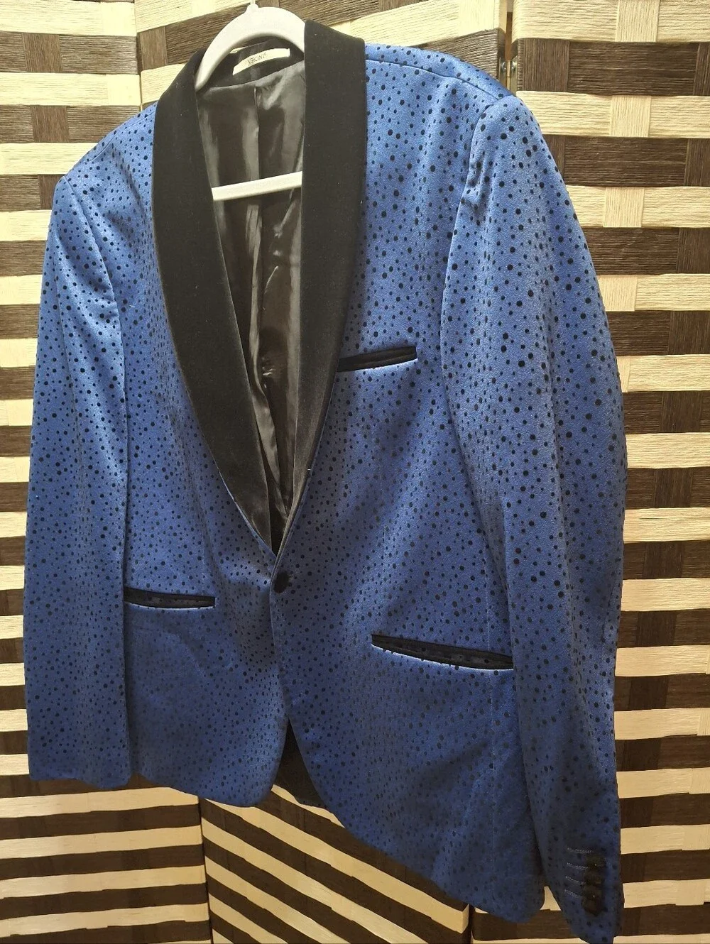 Vercini Blue Black Polka Dot Tuxedo Blazer Men's Slim Fit Size 46 Made in Turkey